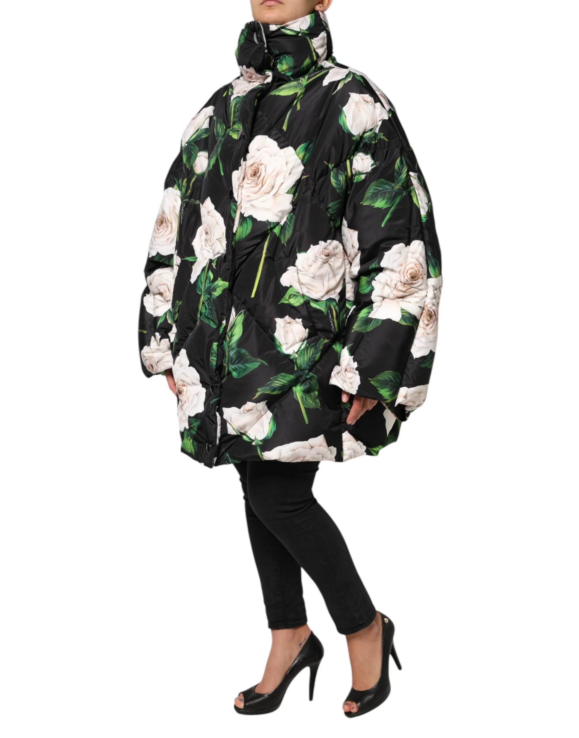 Dolce & Gabbana Black Floral Print Puffer Quilted Jacket - IT46|XL