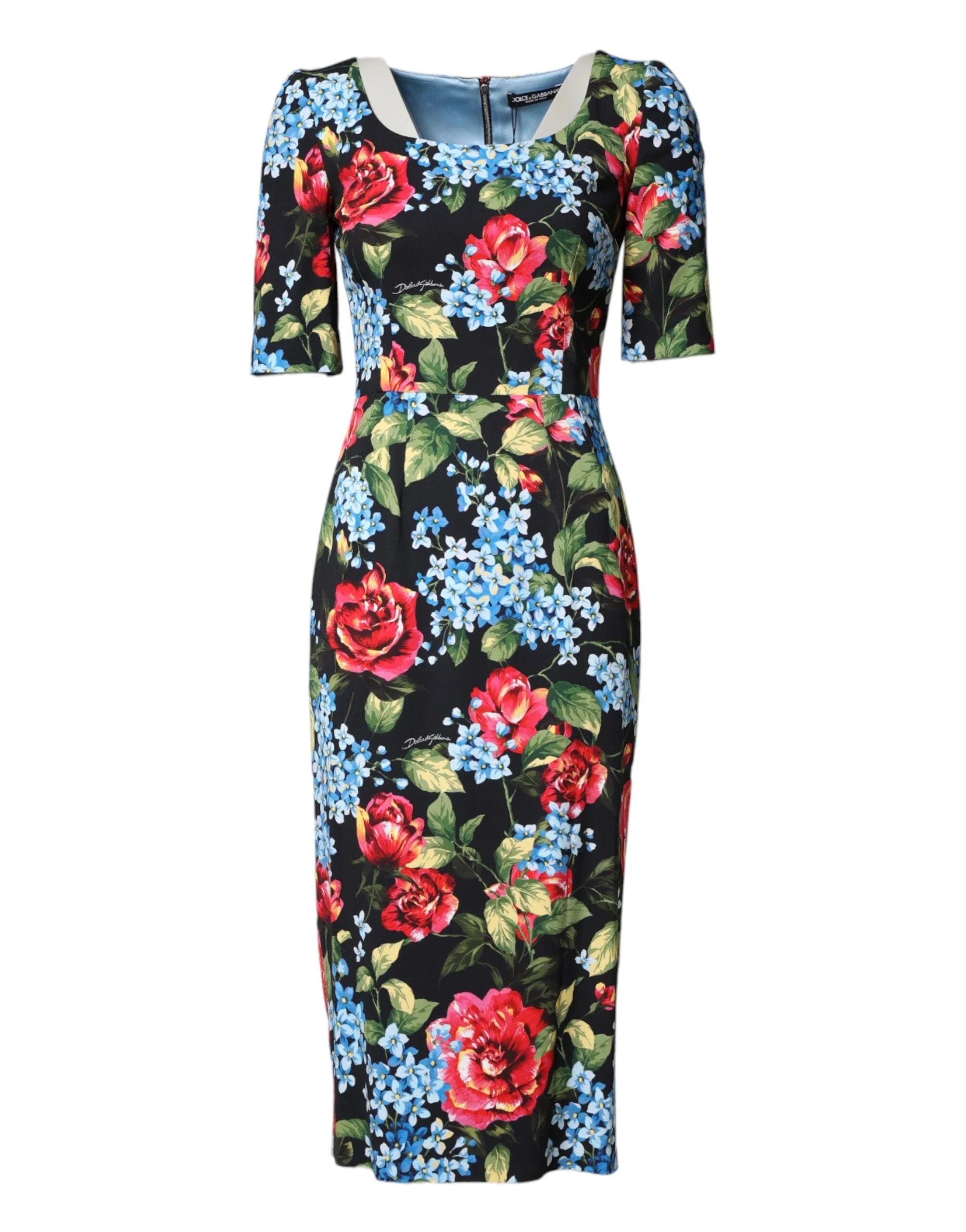 Dolce & Gabbana Black Floral Print Viscose Sheath Midi Dress - IT38 | XS