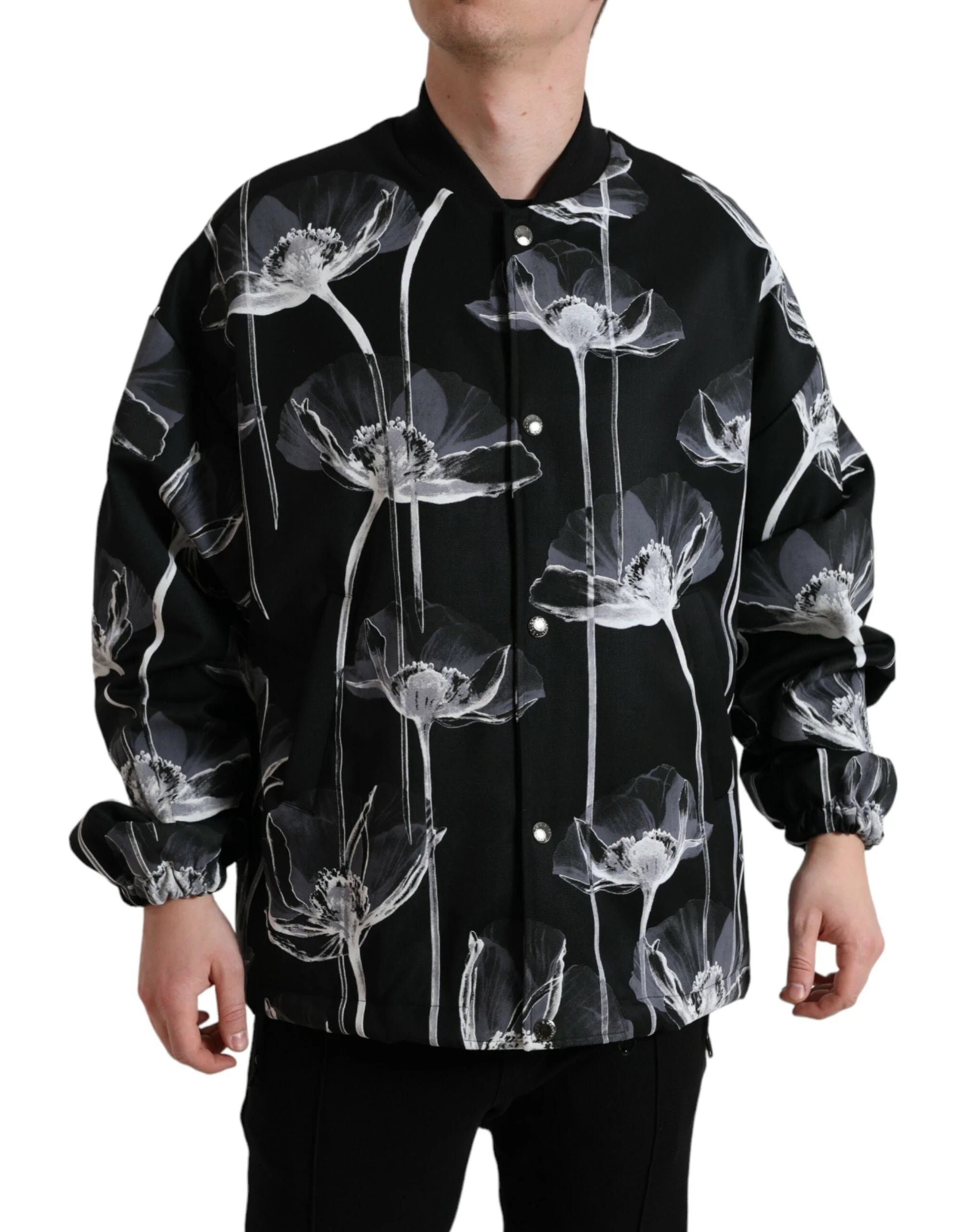 Dolce & Gabbana Black Floral Print Wool Button Down Bomber Jacket - IT54 | XL - Bomber Jackets
