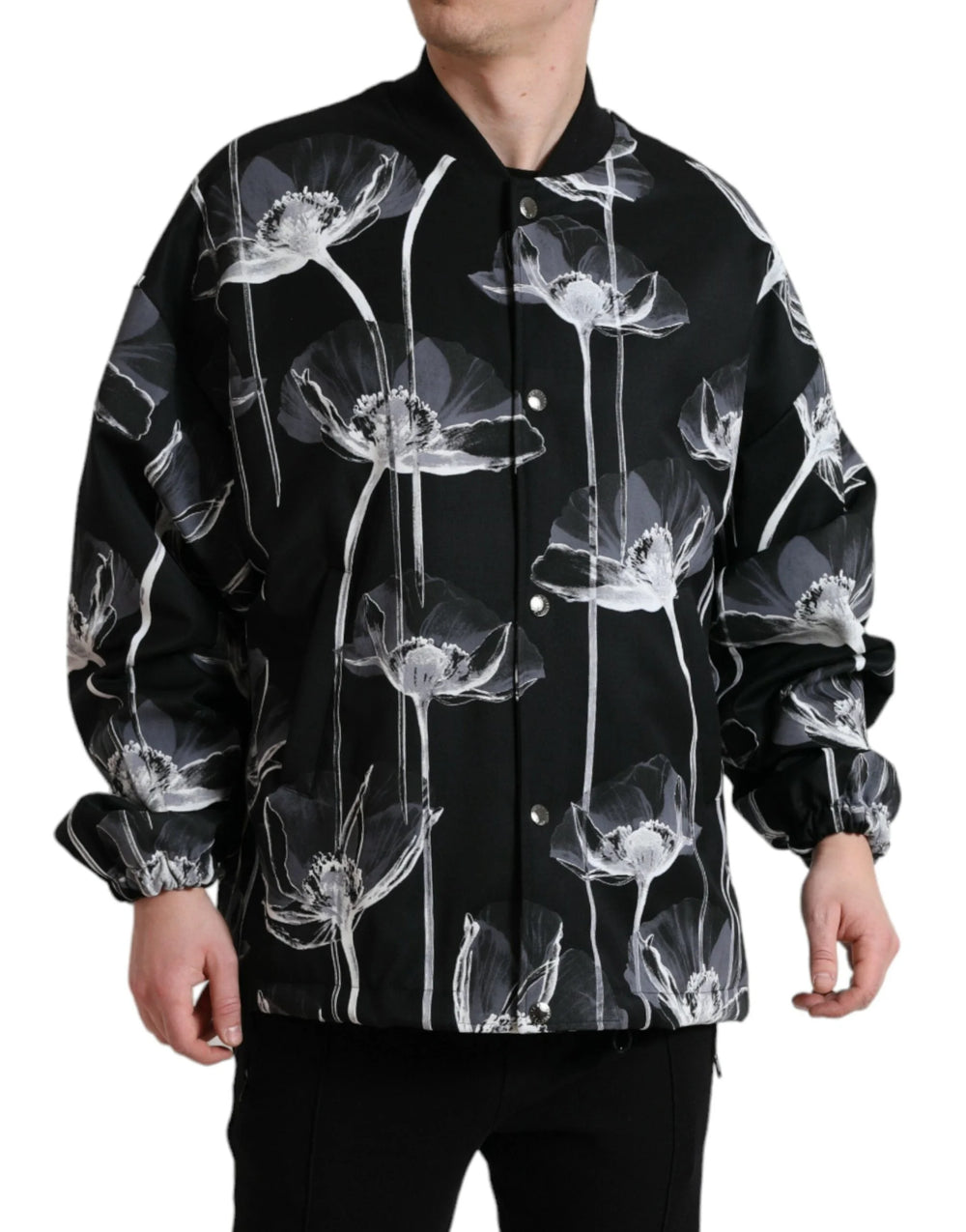 Dolce & Gabbana Black Floral Print Wool Button Down Bomber Jacket - IT54 | XL - Bomber Jackets