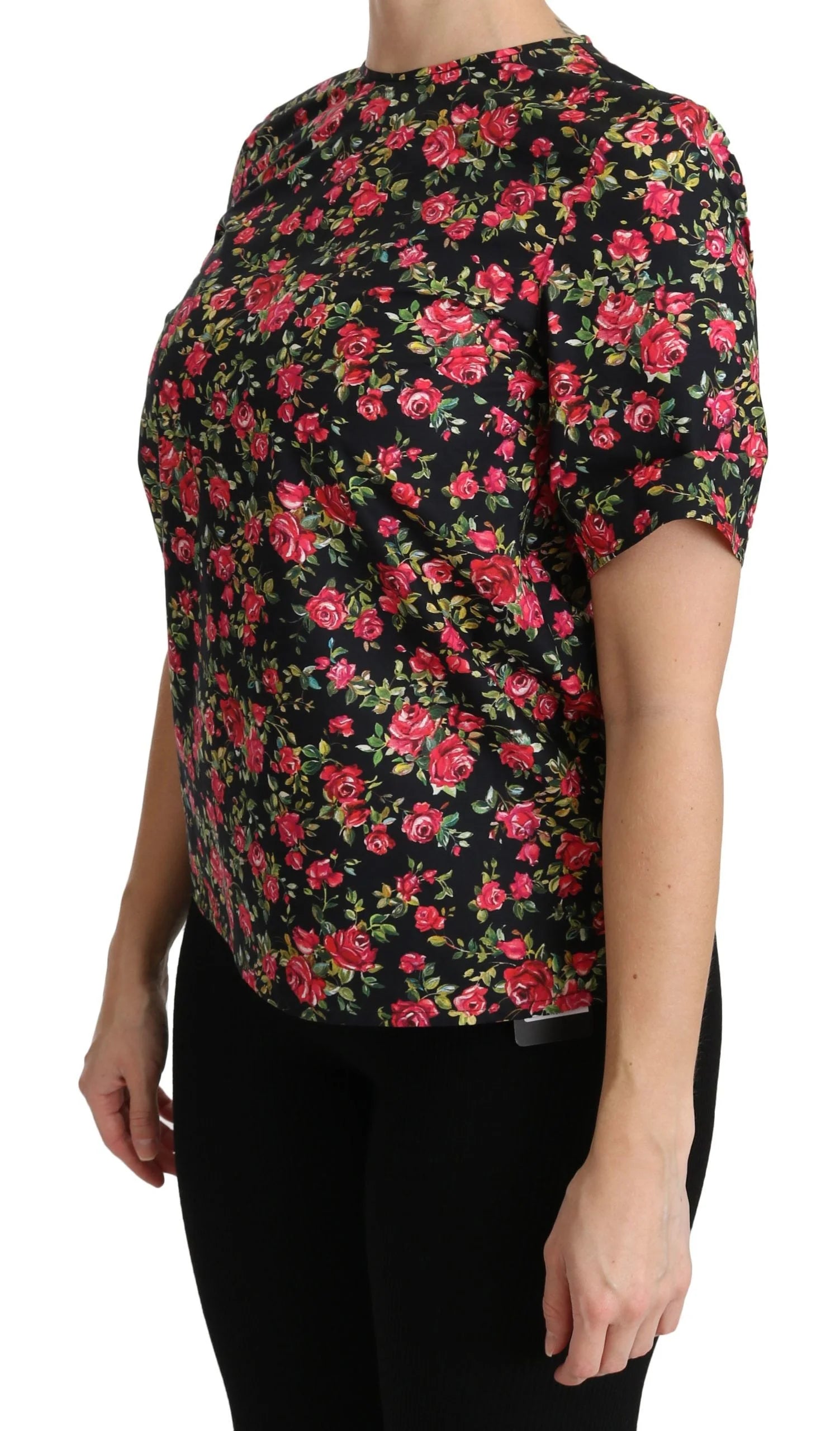Dolce & Gabbana Black Floral Roses Short Sleeve Top Blouse - IT38|XS - Blouses