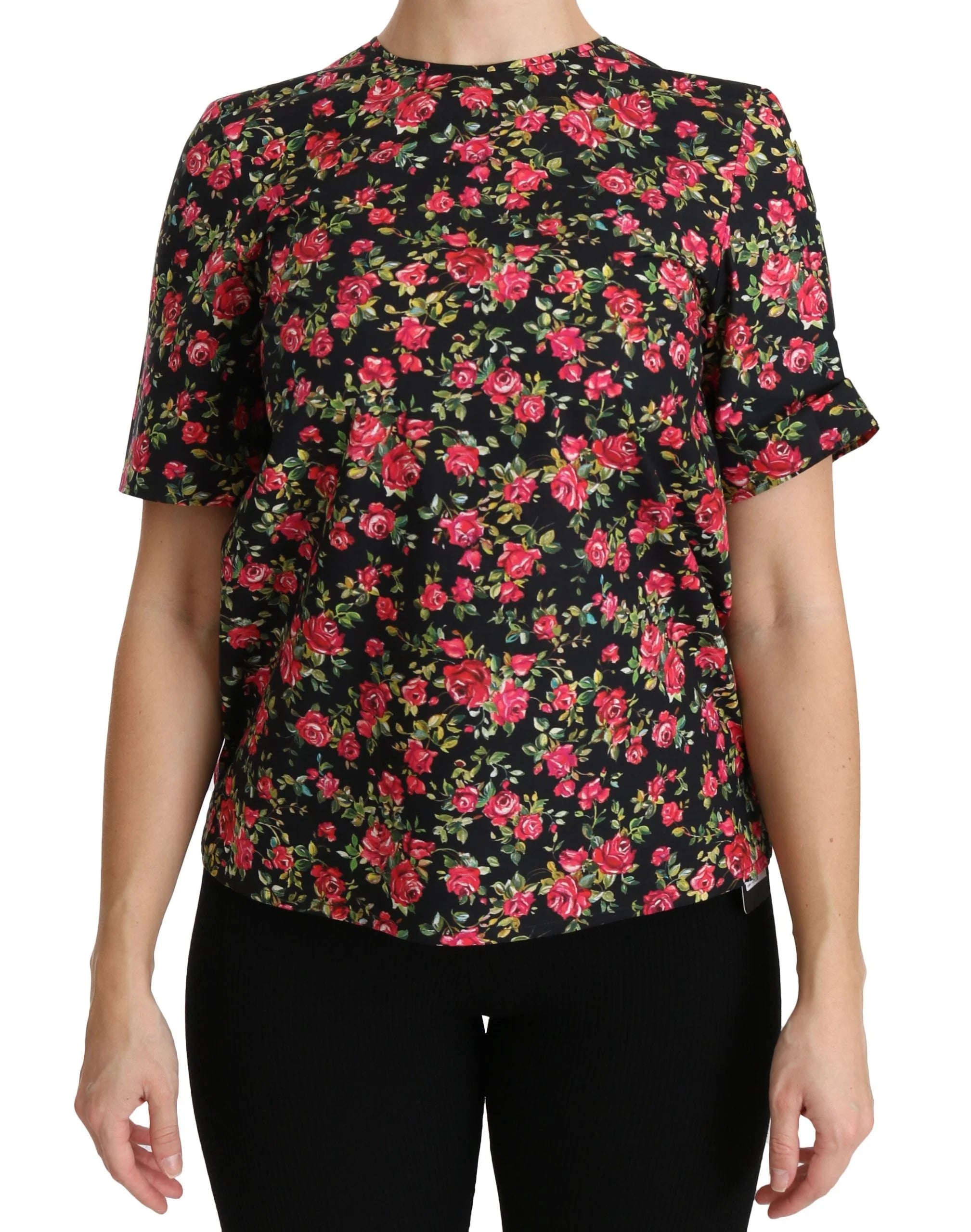 Dolce & Gabbana Black Floral Roses Short Sleeve Top Blouse - IT38|XS - Blouses