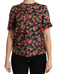 Dolce & Gabbana Black Floral Roses Short Sleeve Top Blouse - IT38|XS - Blouses