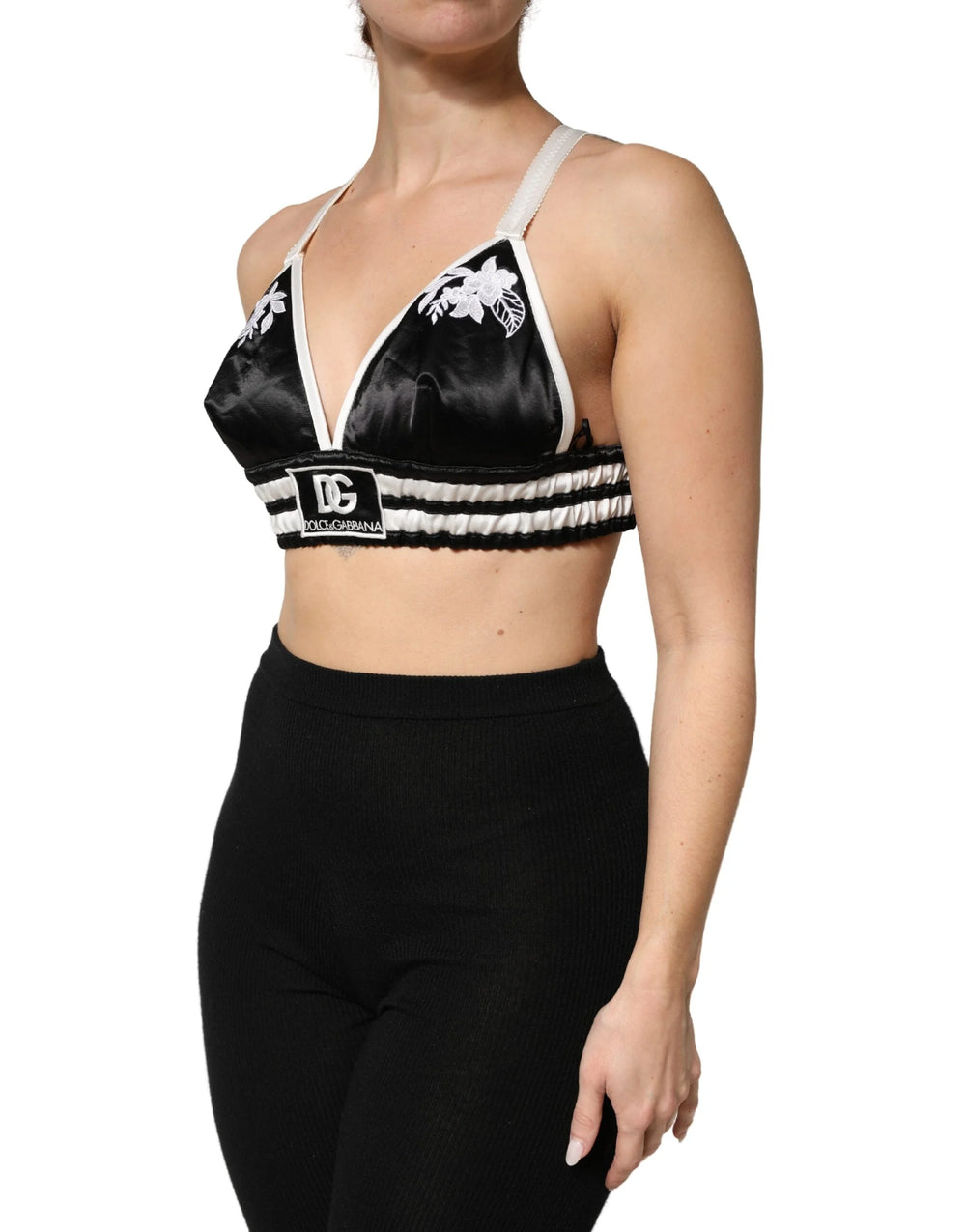 Dolce & Gabbana Black Floral Silk Satin Crop Logo Bralette Top - IT40|S