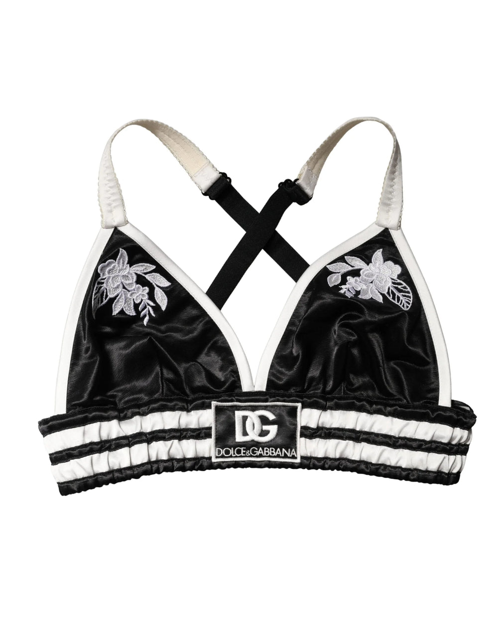 Dolce & Gabbana Black Floral Silk Satin Crop Logo Bralette Top - IT40|S