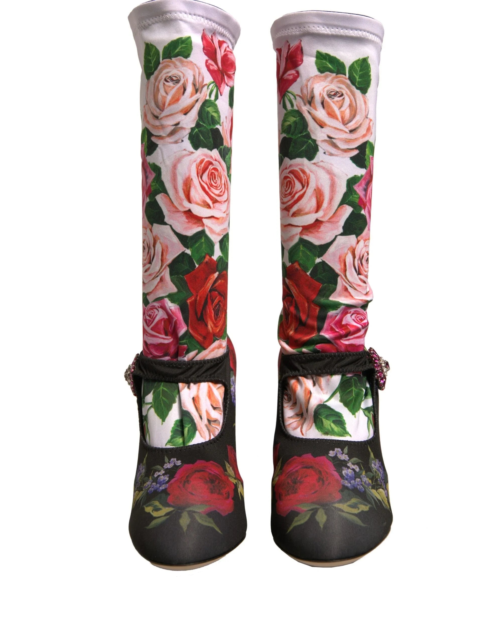 Dolce & Gabbana Black Floral Socks Crystal Boots Jersey Shoes - EU38/US7.5