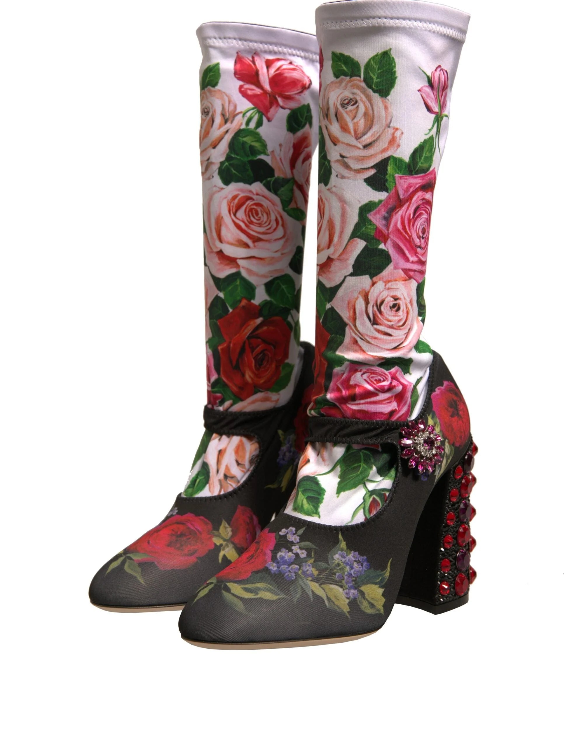 Dolce & Gabbana Black Floral Socks Crystal Boots Jersey Shoes - EU38/US7.5