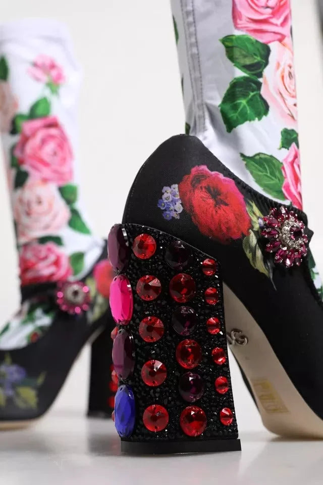 Dolce & Gabbana Black Floral Socks Crystal Boots Jersey Shoes - EU38/US7.5