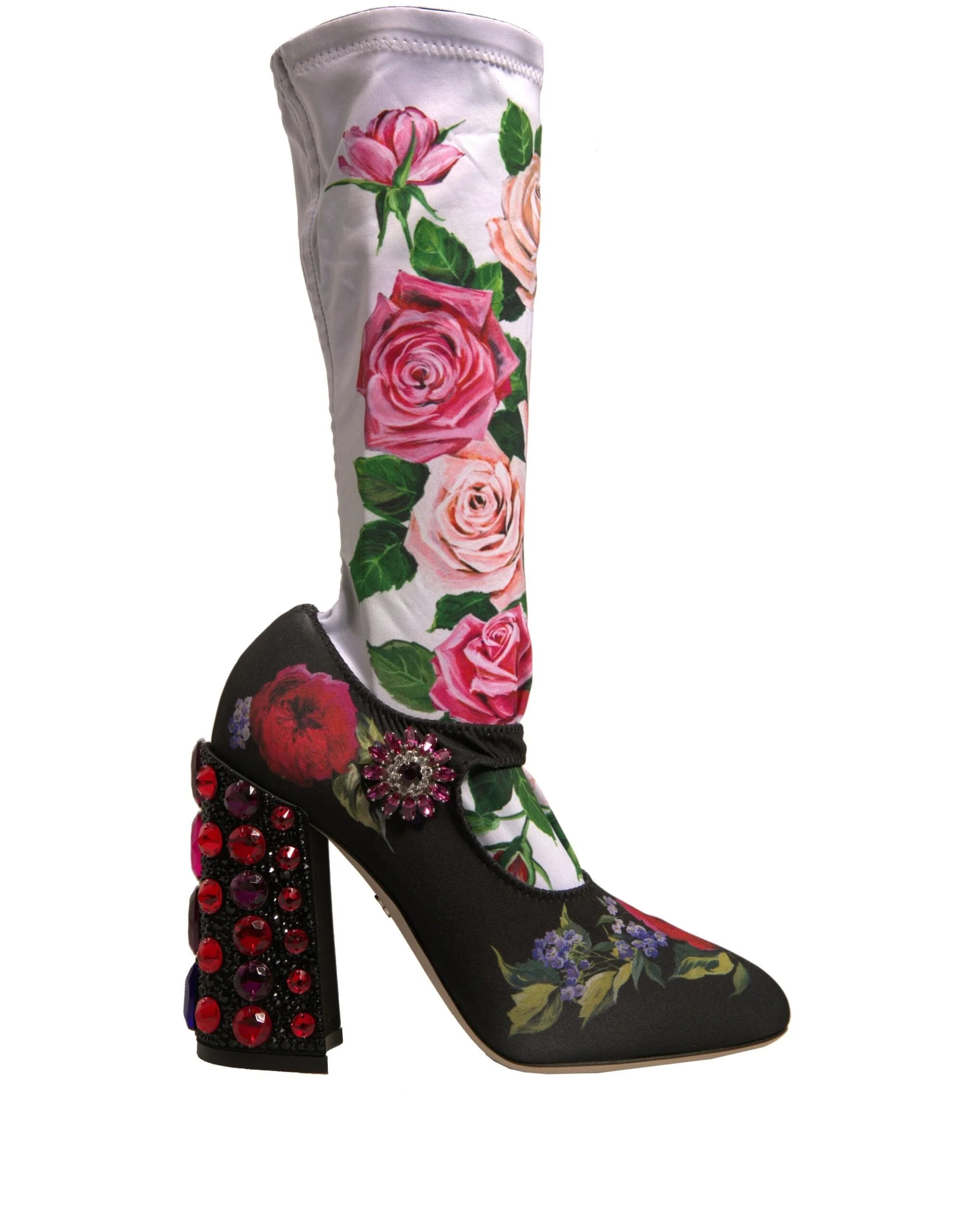 Dolce & Gabbana Black Floral Socks Crystal Boots Jersey Shoes - EU38/US7.5