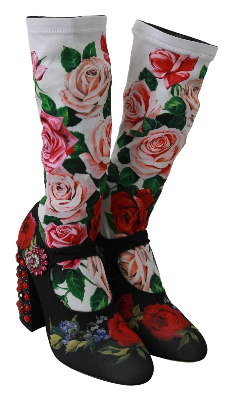 Dolce & Gabbana Black Floral Socks Crystal Jersey Boots Shoes - EU38/US7.5