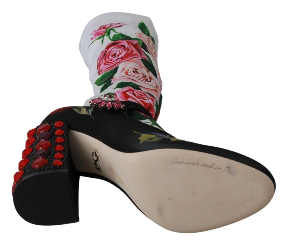 Dolce & Gabbana Black Floral Socks Crystal Jersey Boots Shoes - EU38/US7.5