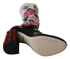 Dolce & Gabbana Black Floral Socks Crystal Jersey Boots Shoes - EU38/US7.5