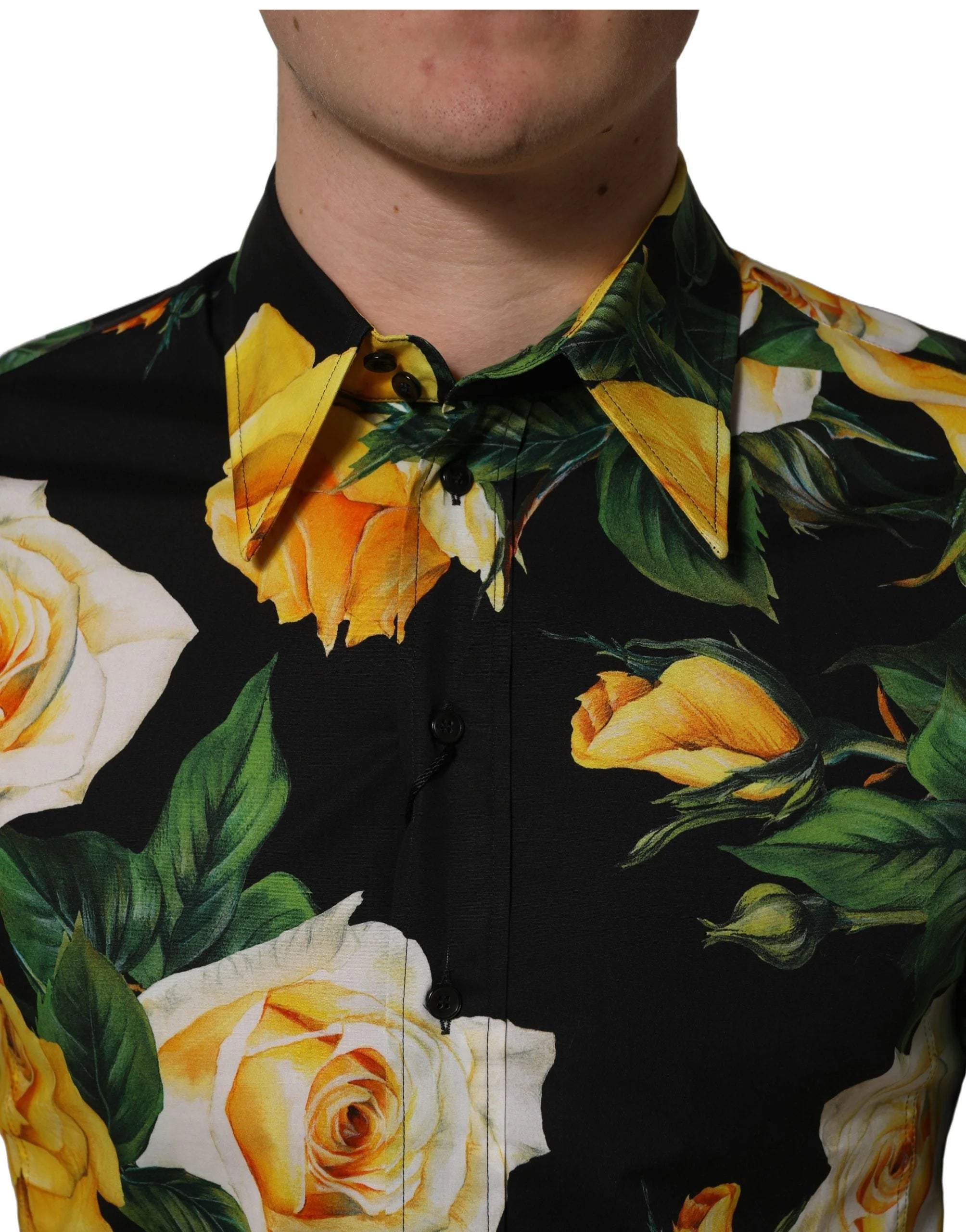Dolce & Gabbana Black Floral Stretch Cotton SICILIA Fit Dress Shirt - IT40 | M