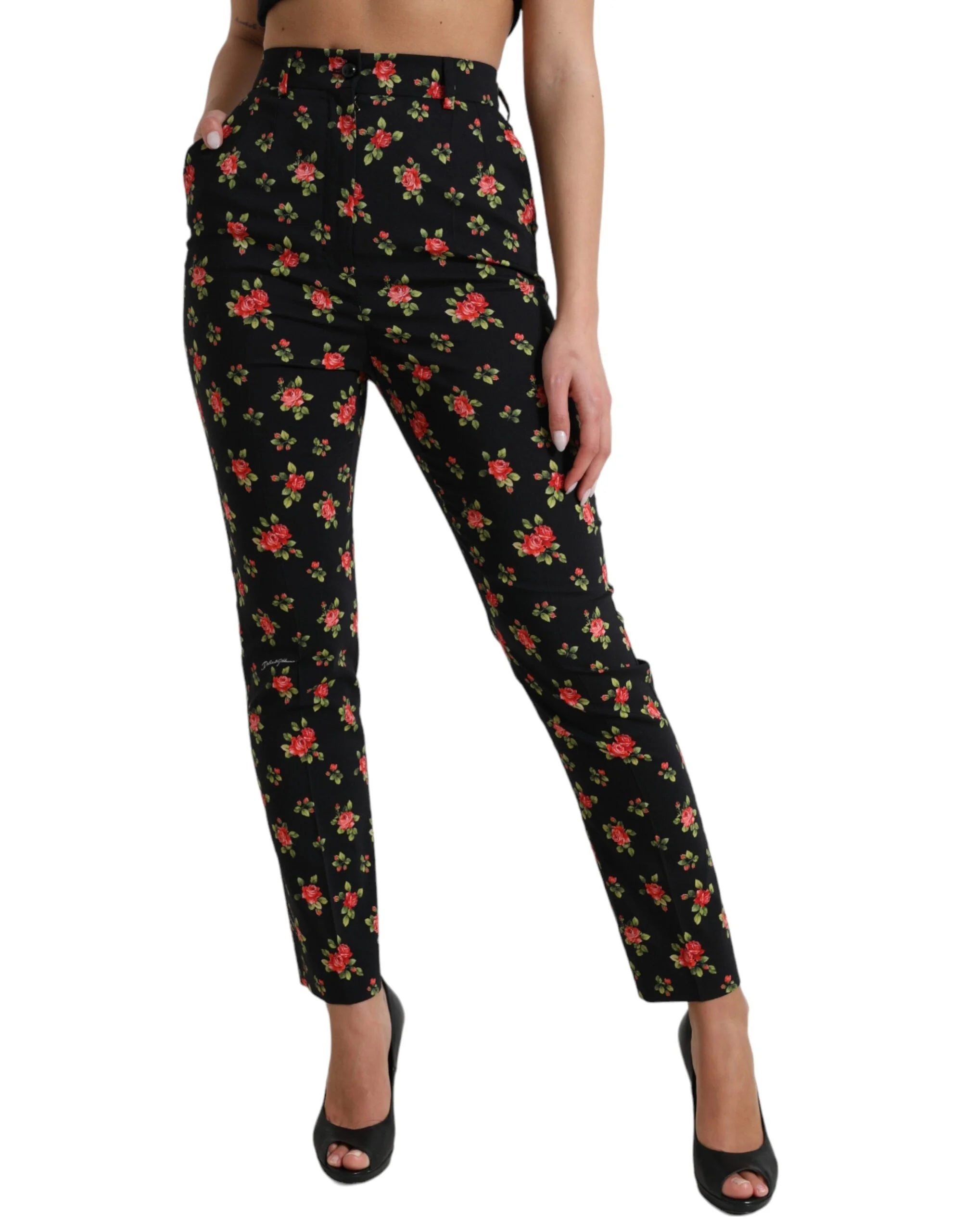 Dolce & Gabbana Black Floral Wool High Waist Tapered Pants - IT40|S - Trousers