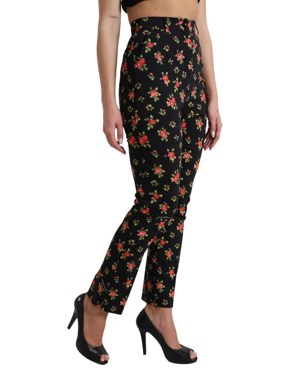 Dolce & Gabbana Black Floral Wool High Waist Tapered Pants - IT40|S - Trousers