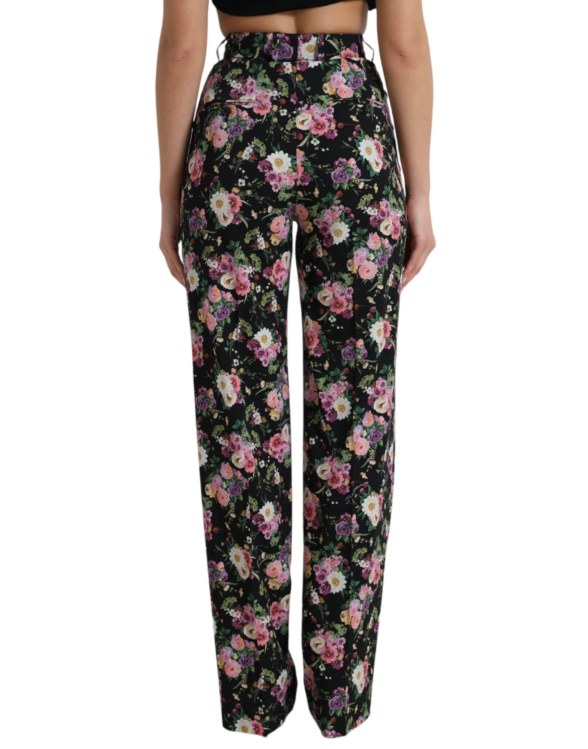 Dolce & Gabbana Black Floral Wool High Waist Wide Leg Pants - IT40|S - Trousers