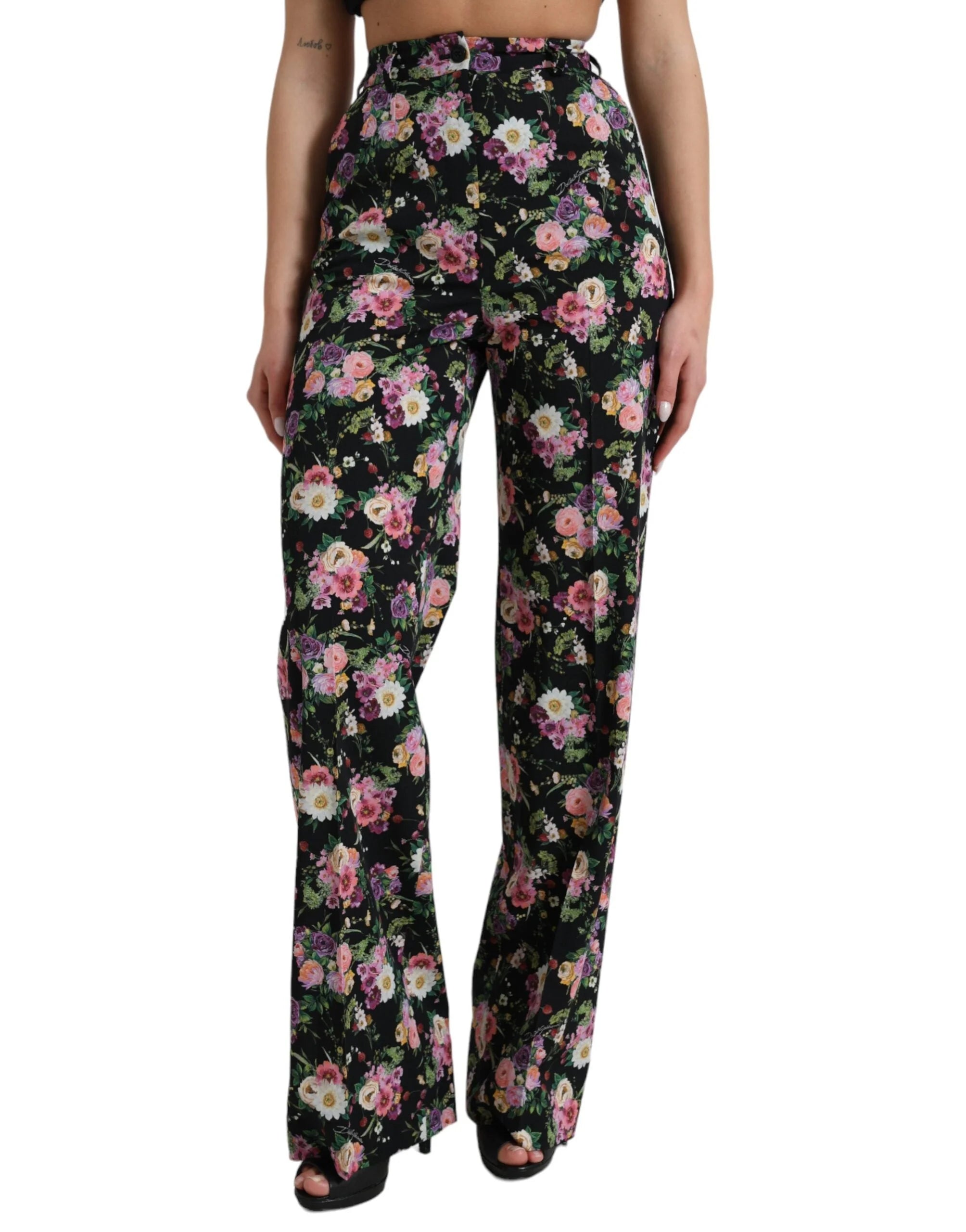Dolce & Gabbana Black Floral Wool High Waist Wide Leg Pants - IT40|S - Trousers