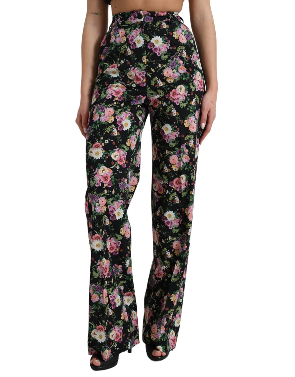 Dolce & Gabbana Black Floral Wool High Waist Wide Leg Pants - IT40|S - Trousers