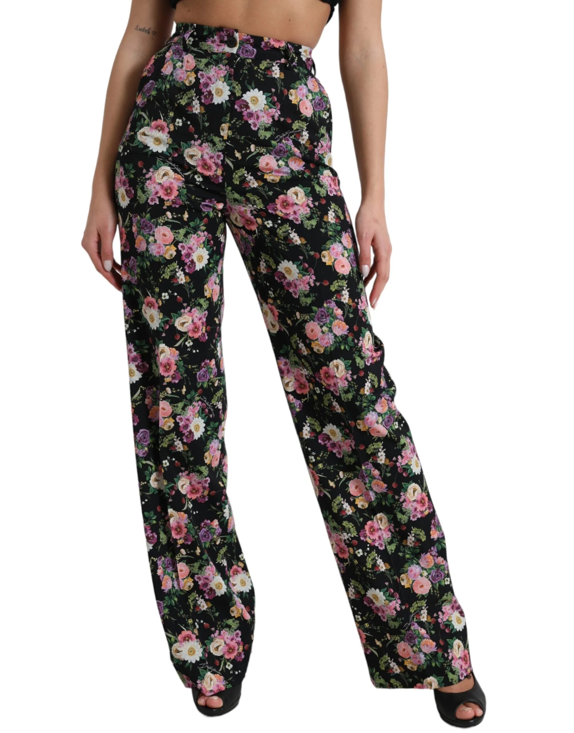 Dolce & Gabbana Black Floral Wool High Waist Wide Leg Pants - IT40|S - Trousers