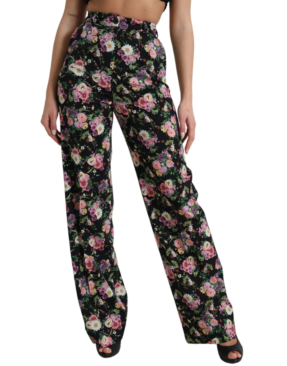 Dolce & Gabbana Black Floral Wool High Waist Wide Leg Pants - IT40|S - Trousers