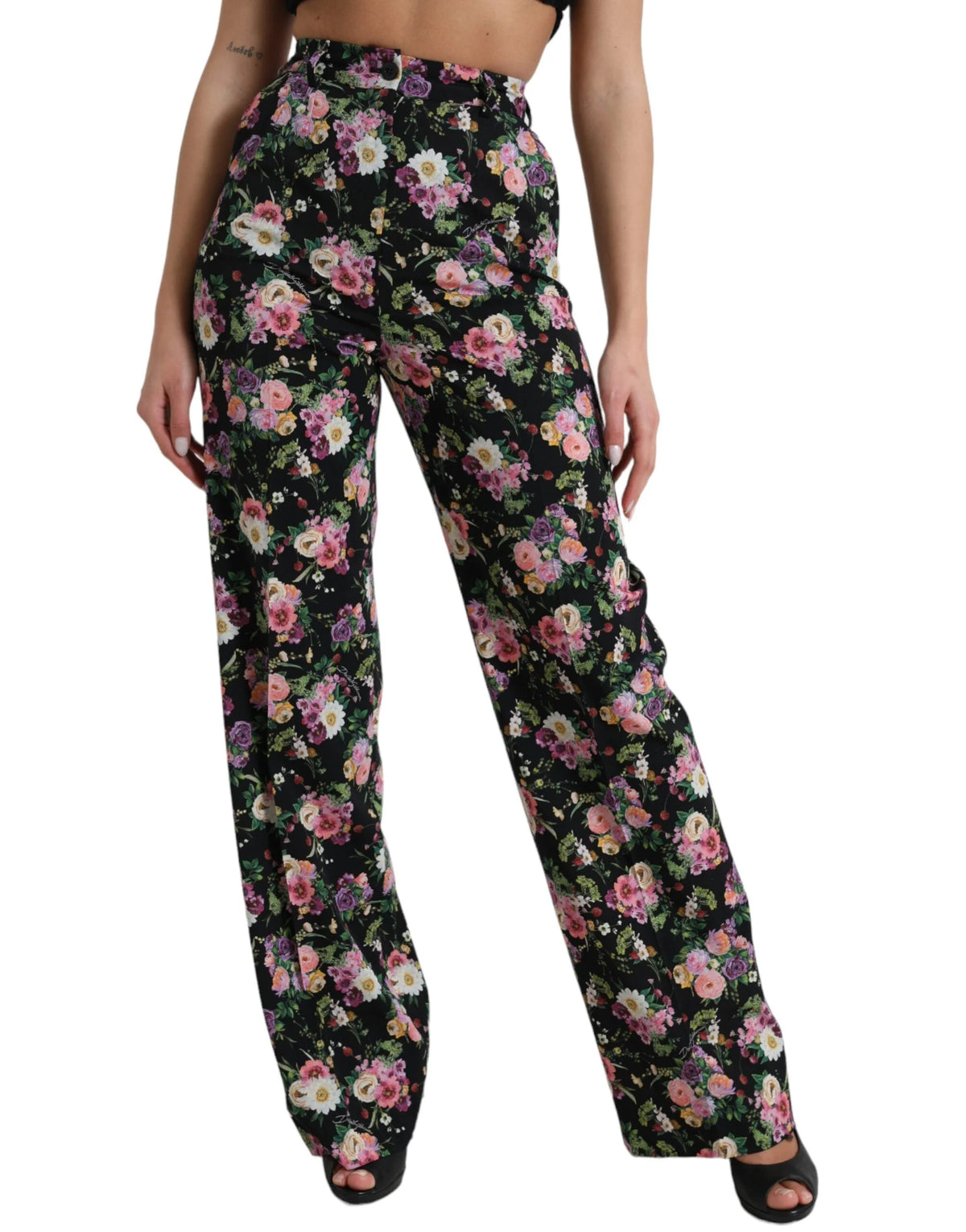 Dolce & Gabbana Black Floral Wool High Waist Wide Leg Pants - IT40|S - Trousers