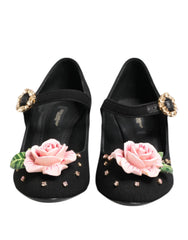 Dolce & Gabbana Black Flower Crystal Embellished Mary Jane Shoes - EU36/US5.5