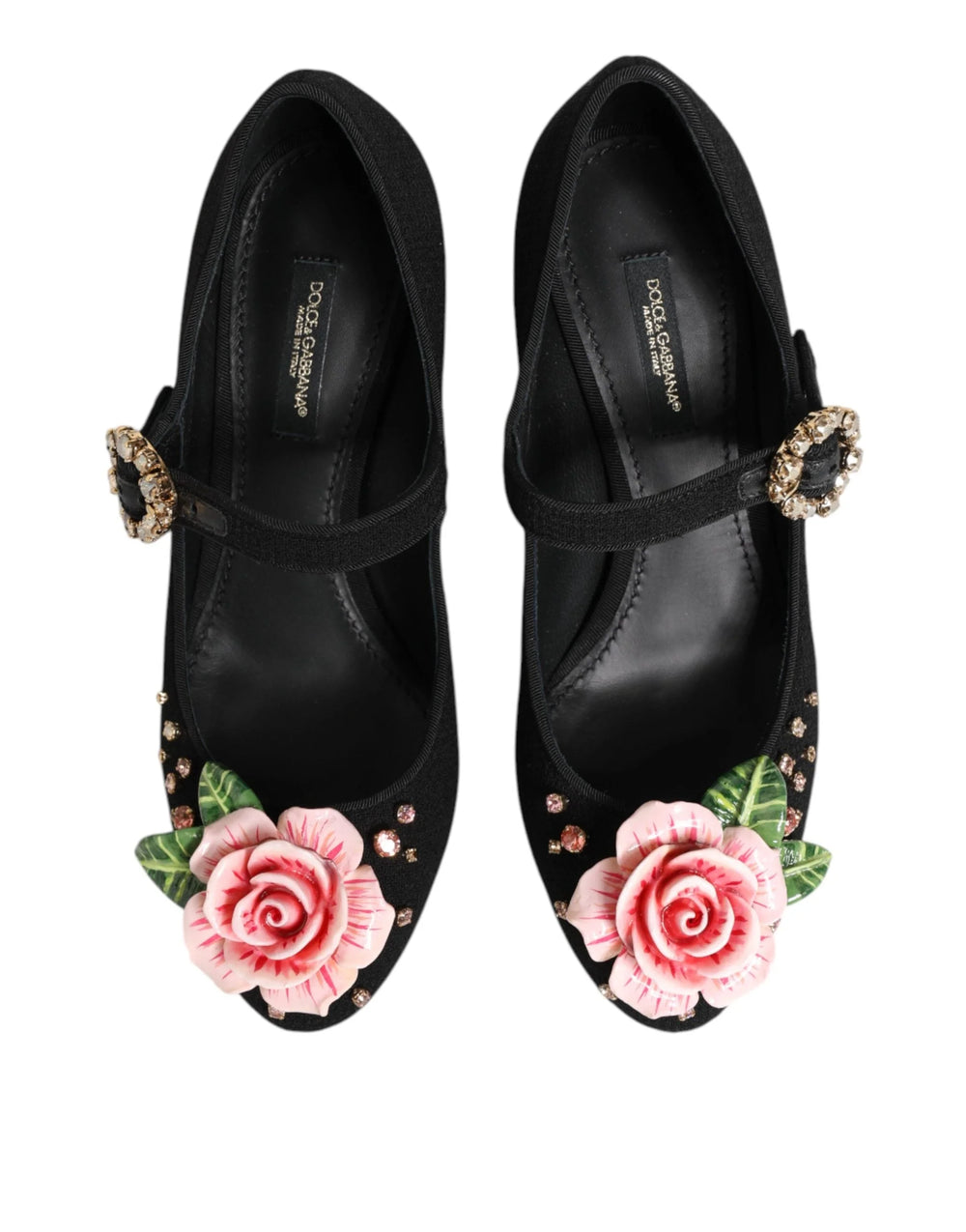 Dolce & Gabbana Black Flower Crystal Embellished Mary Jane Shoes - Heels