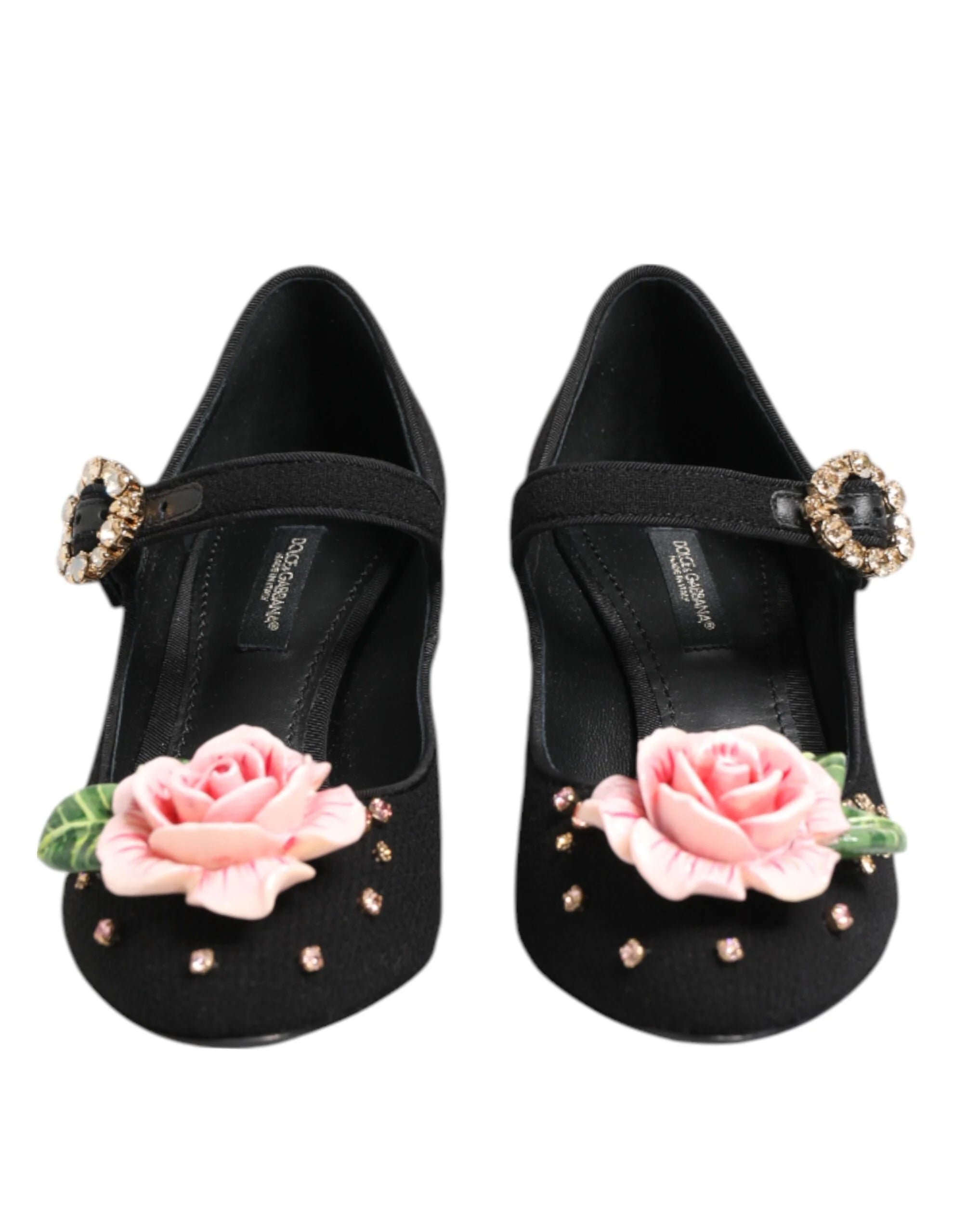 Dolce & Gabbana Black Flower Crystal Embellished Mary Jane Shoes - Heels