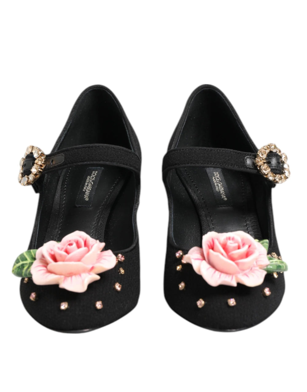 Dolce & Gabbana Black Flower Crystal Embellished Mary Jane Shoes - Heels