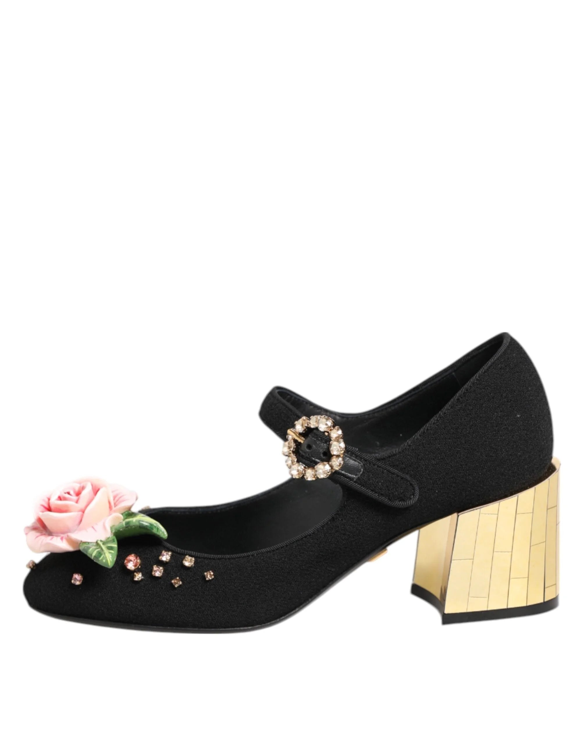 Dolce & Gabbana Black Flower Crystal Embellished Mary Jane Shoes - Heels
