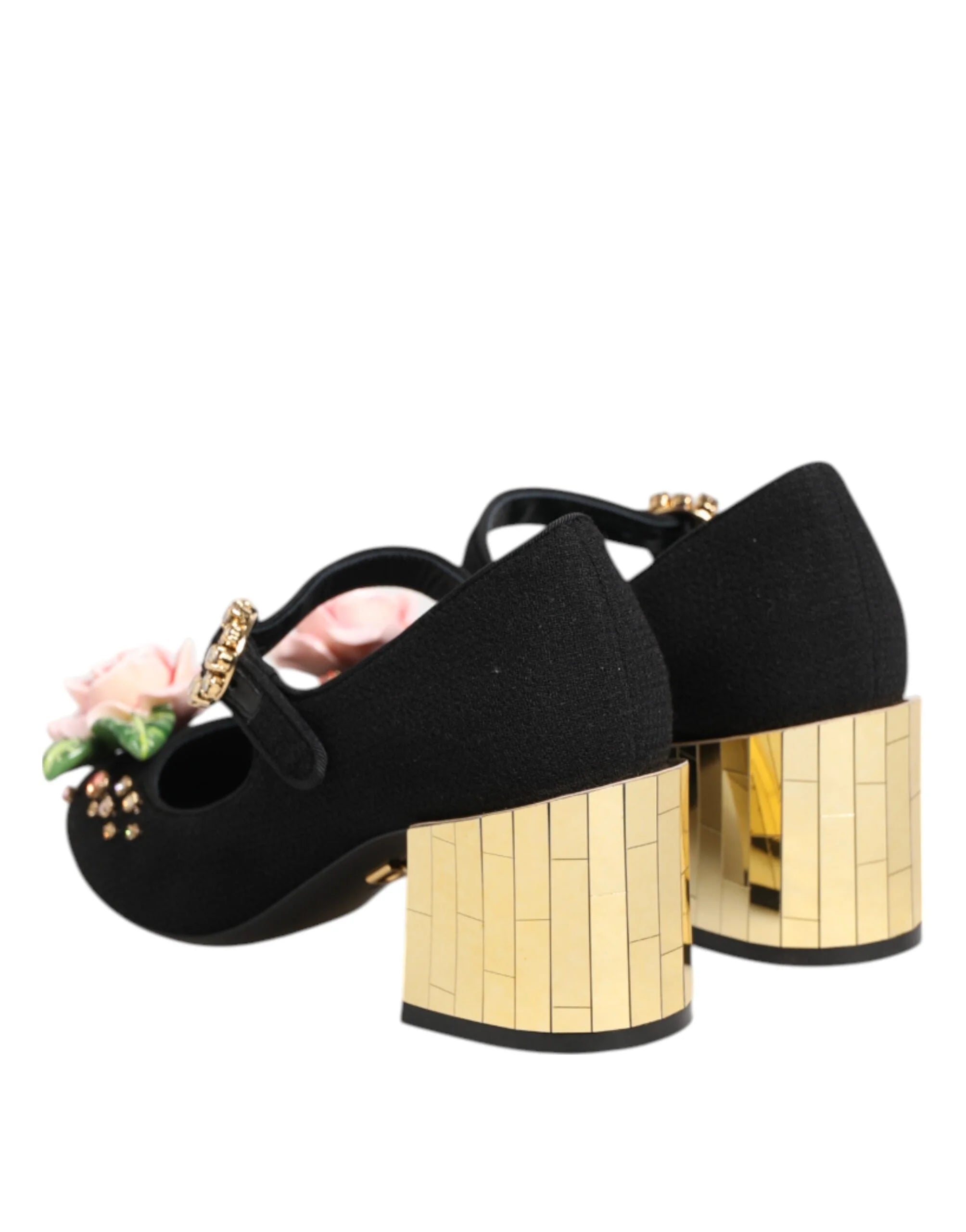 Dolce & Gabbana Black Flower Crystal Embellished Mary Jane Shoes - Heels