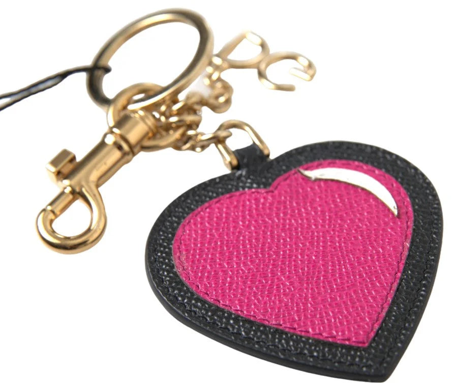 Dolce & Gabbana Black Fuchsia Heart Leather Gold Metal Keyring Keychain - Keychains