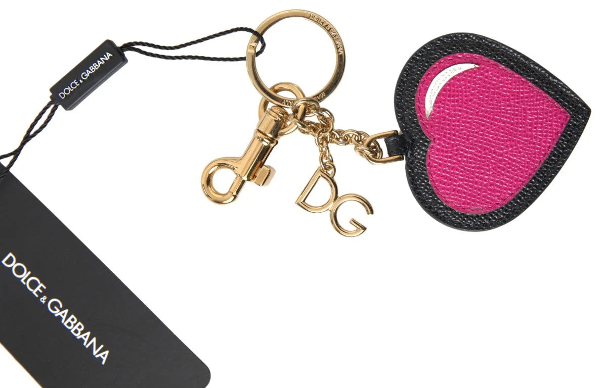 Dolce & Gabbana Black Fuchsia Heart Leather Gold Metal Keyring Keychain - Keychains