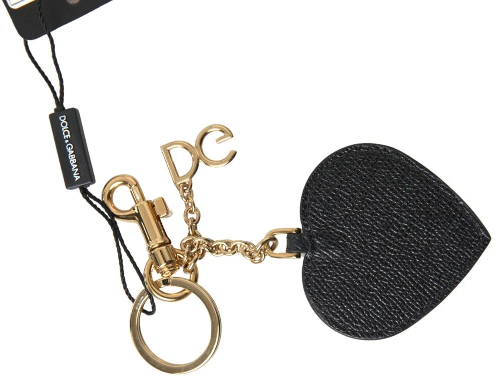 Dolce & Gabbana Black Fuchsia Heart Leather Gold Metal Keyring Keychain - Keychains