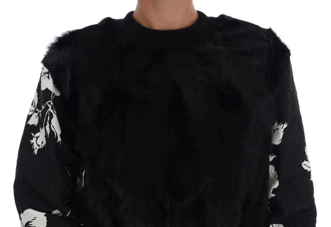 Dolce & Gabbana Black Fur Floral Brocade Zipper Sweater - IT36 | XS - Sweaters