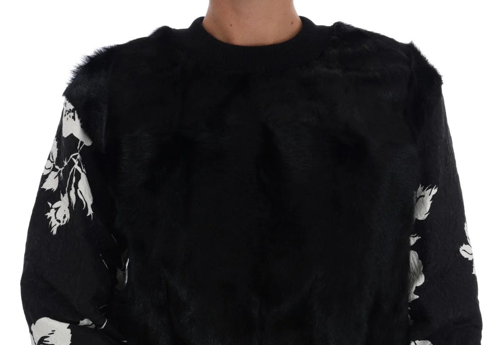 Dolce & Gabbana Black Fur Floral Brocade Zipper Sweater - IT36 | XS - Sweaters