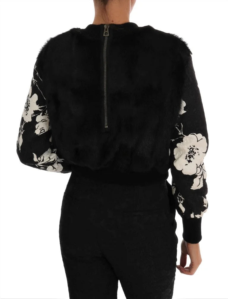 Dolce & Gabbana Black Fur Floral Brocade Zipper Sweater - IT36 | XS - Sweaters