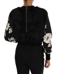 Dolce & Gabbana Black Fur Floral Brocade Zipper Sweater - IT36 | XS - Sweaters