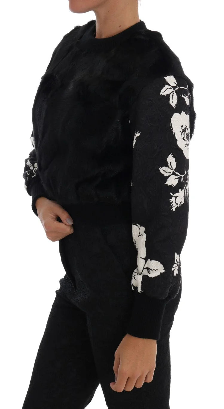Dolce & Gabbana Black Fur Floral Brocade Zipper Sweater - IT36 | XS - Sweaters