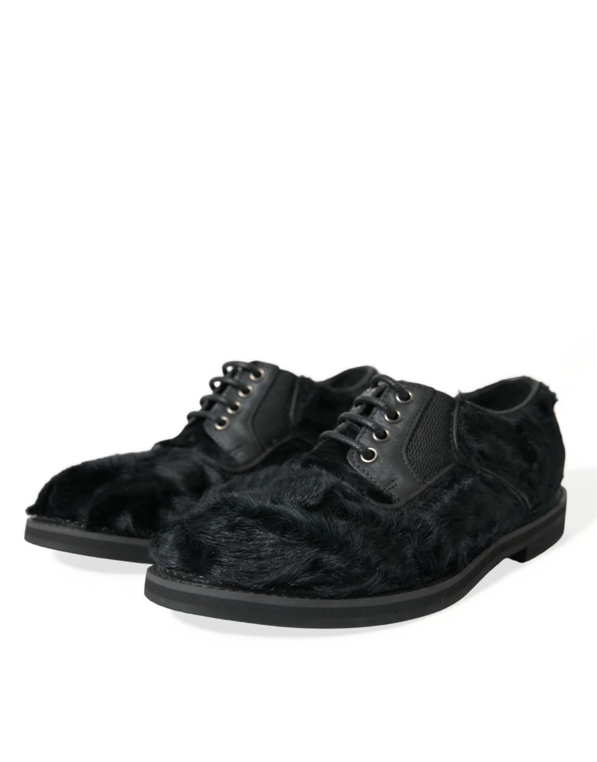 Dolce & Gabbana Black Fur Leather Lace Up Derby Dress Shoes - Shoes