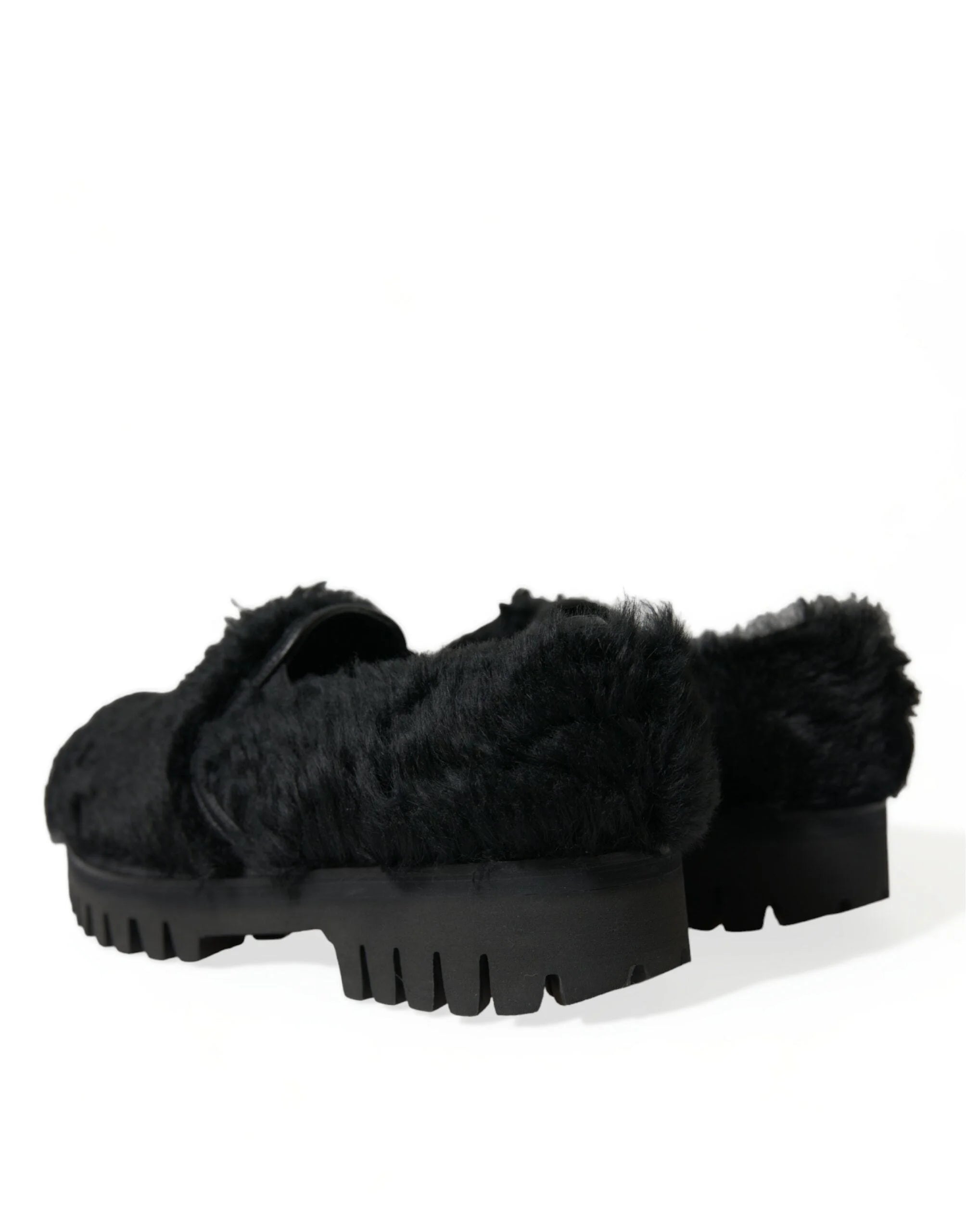 Dolce & Gabbana Black Fur Leather Slippers Dress Shoes - Flats