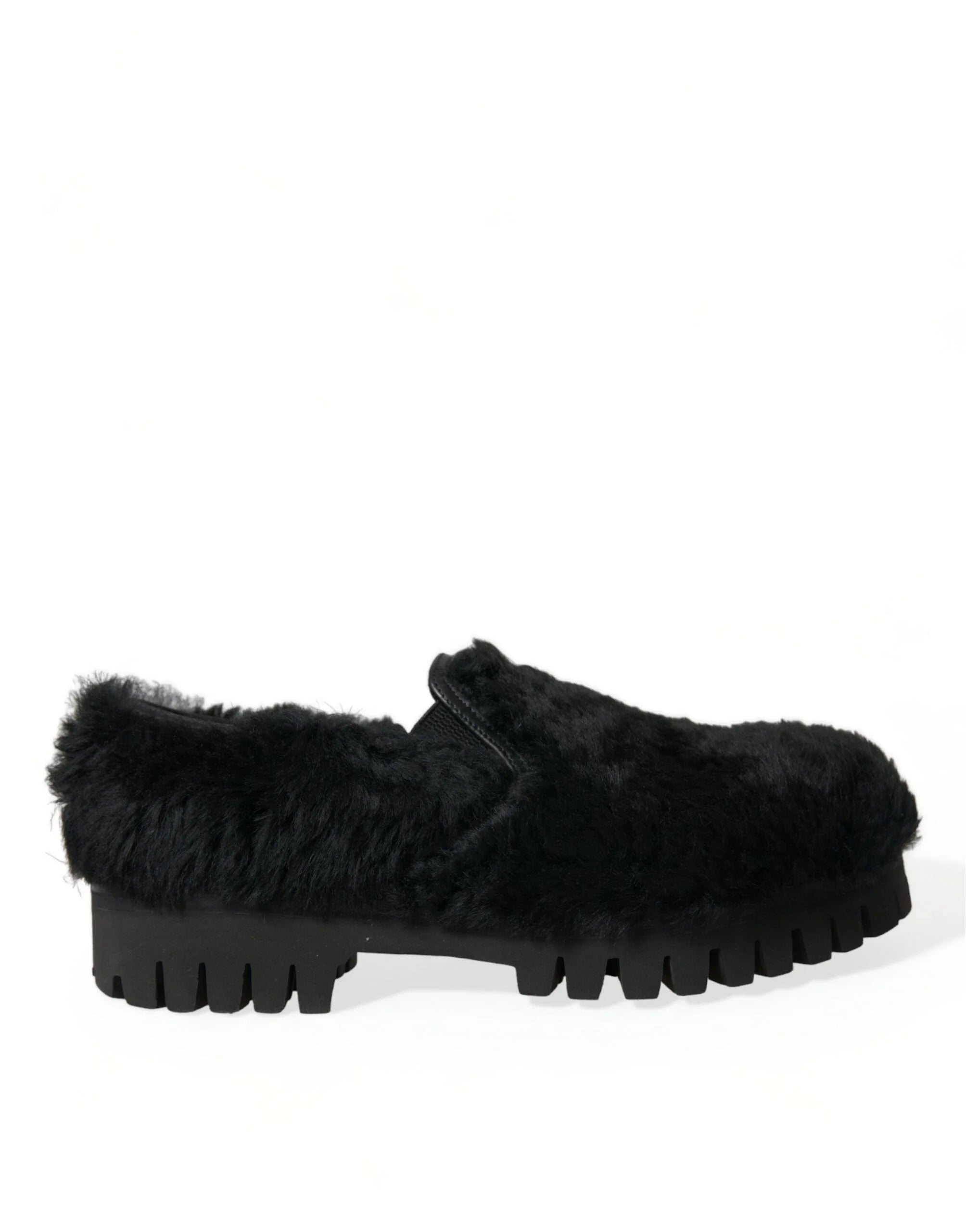 Dolce & Gabbana Black Fur Leather Slippers Dress Shoes - Flats