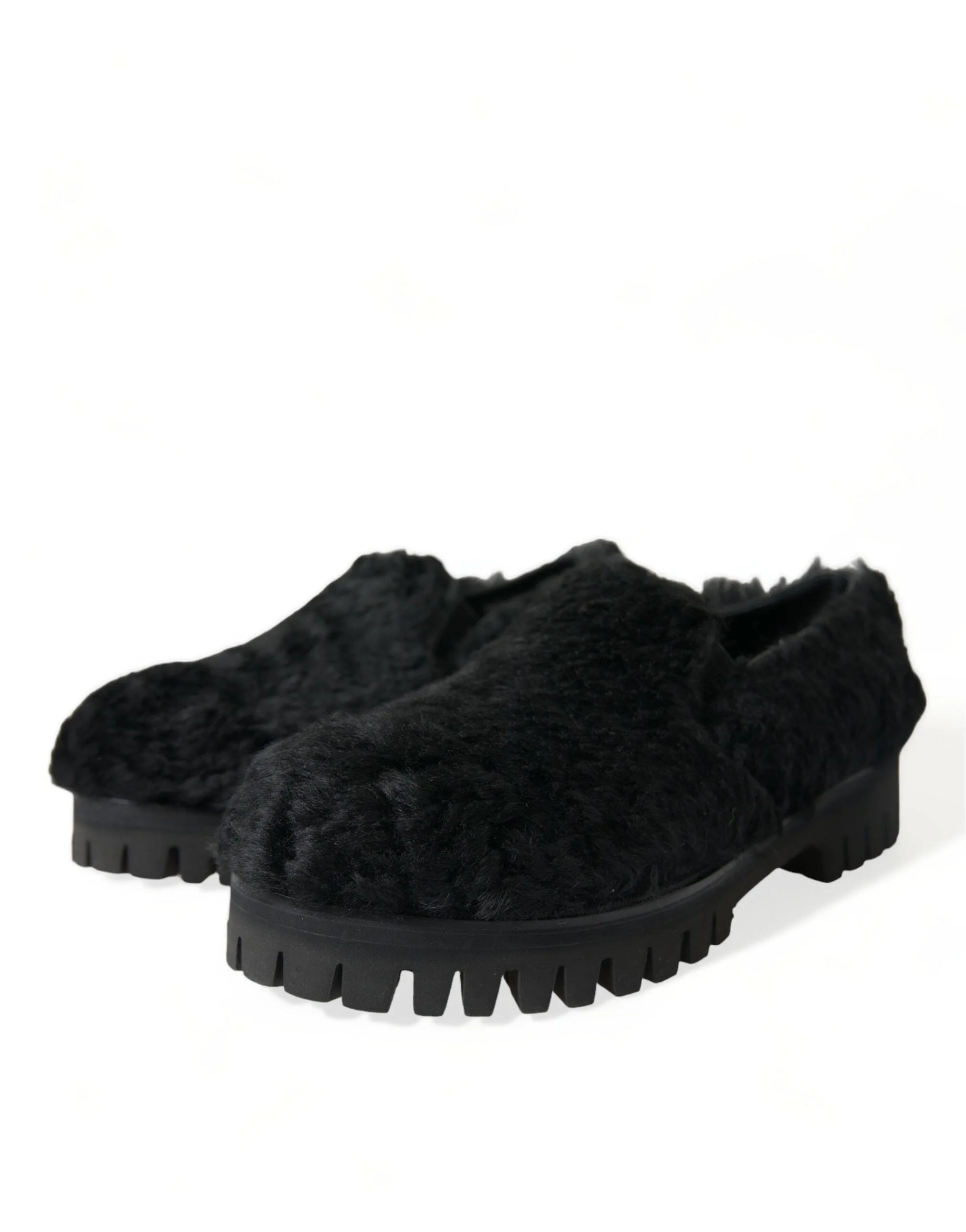 Dolce & Gabbana Black Fur Leather Slippers Dress Shoes - Flats