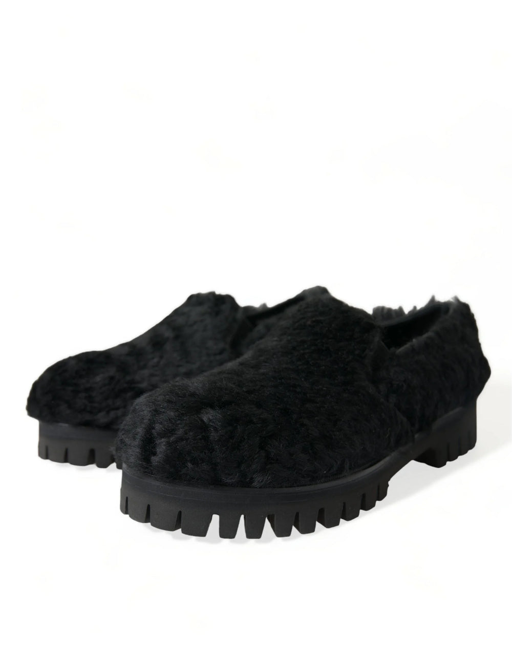 Dolce & Gabbana Black Fur Leather Slippers Dress Shoes - Flats