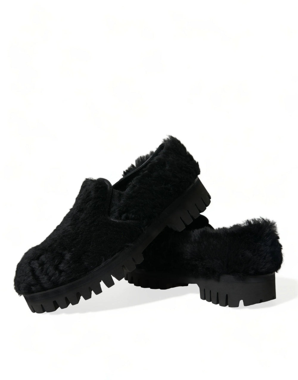Dolce & Gabbana Black Fur Leather Slippers Dress Shoes - Flats