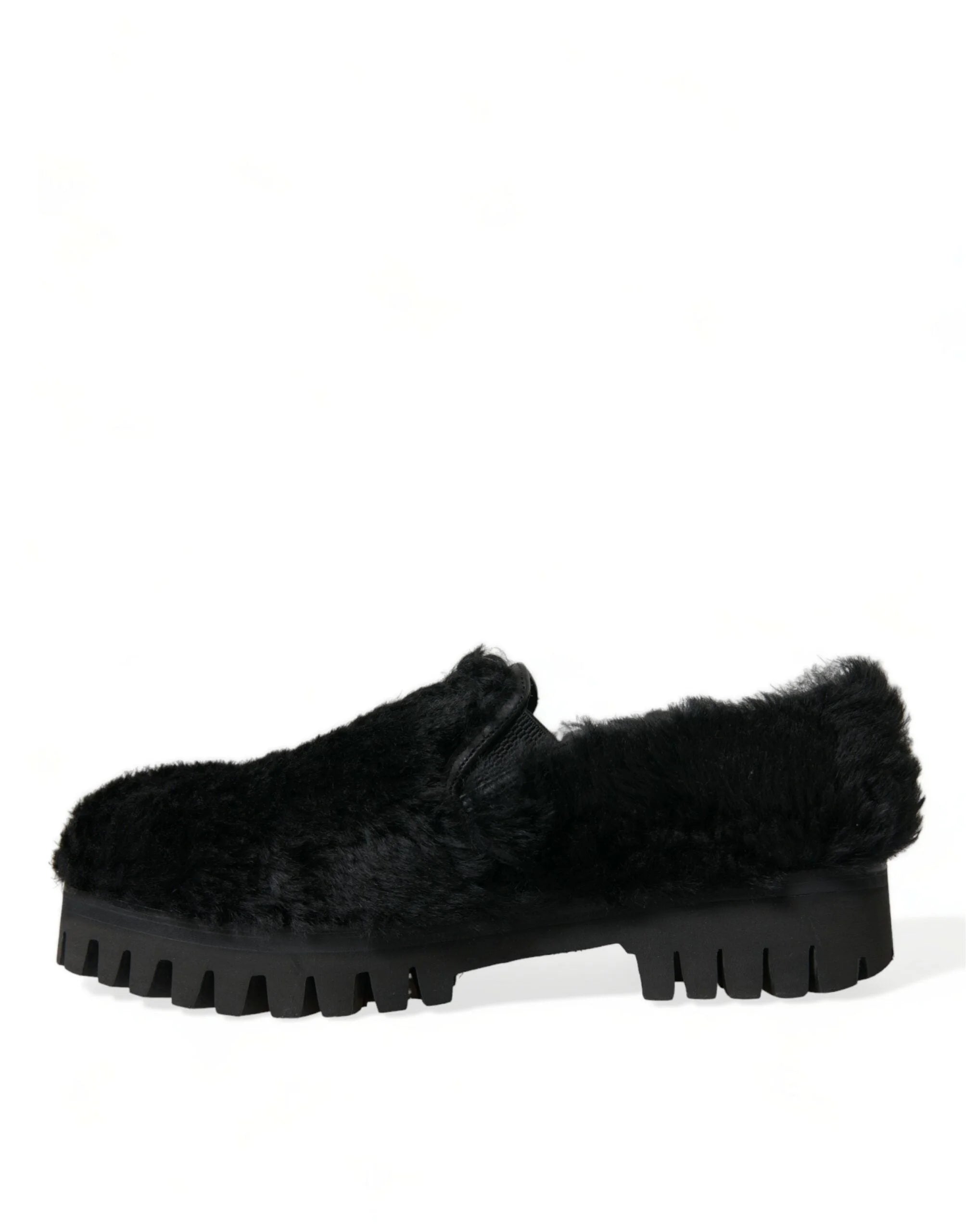 Dolce & Gabbana Black Fur Leather Slippers Dress Shoes - Flats