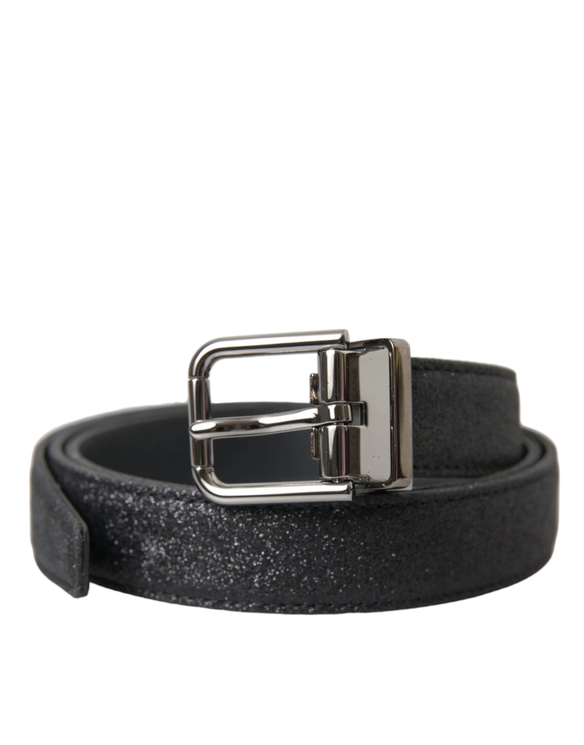 Dolce & Gabbana Black Glittered Leather Silver Buckle Belt - 90 cm / 36 Inches - Belts