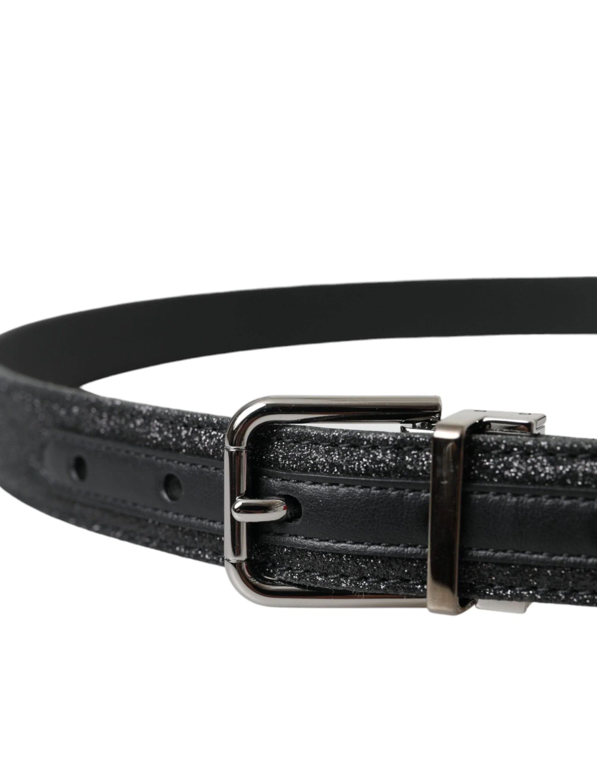 Dolce & Gabbana Black Glittered Leather Silver Buckle Belt - 90 cm / 36 Inches - Belts