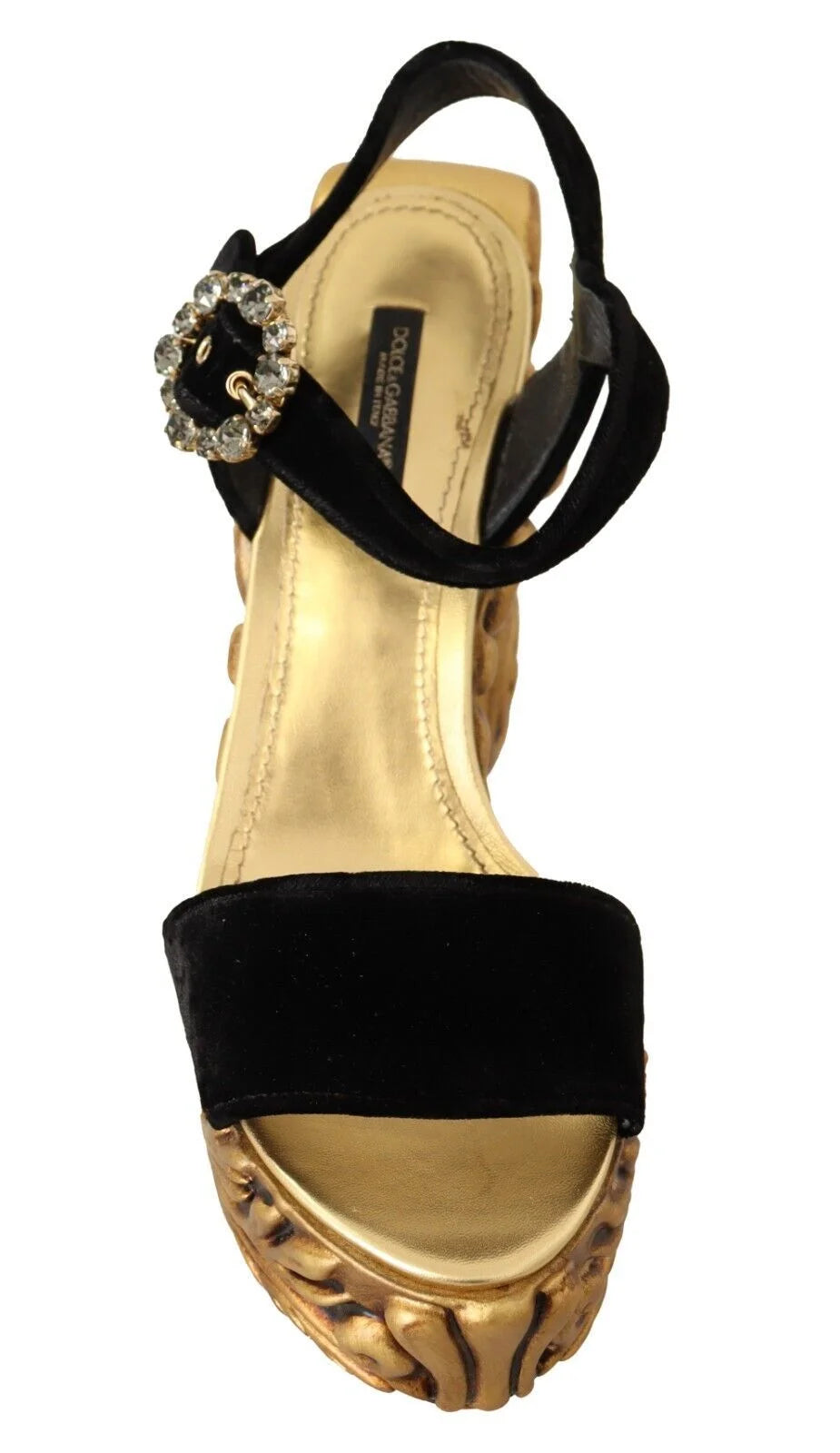 Dolce & Gabbana Black Gold Baroque Velvet Heels Crystal Shoes - EU38/US7.5 - Sandals