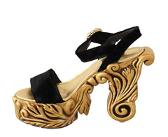 Dolce & Gabbana Black Gold Baroque Velvet Heels Crystal Shoes - EU38/US7.5 - Sandals